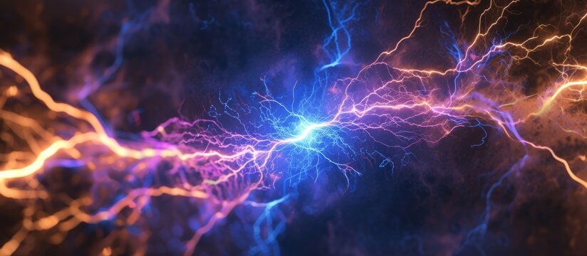 Two electric blue lightning bolts are converging in the dark purple sky, creating a dazzling pattern reminiscent of astronomical objects in space