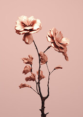 Bouquet of branches with pink roses on pink background. Natural concept.