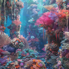 Fototapeta na wymiar surreal underwater world with colorful coral reefs, tropical fish, and hidden caves