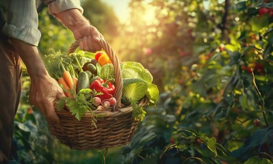 Organic vegetables in a basket in the hands of a farmer. Seasonal harvest of fresh vegetables in a garden bed at sunset.