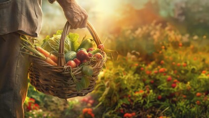 Organic vegetables in a basket in the hands of a farmer. Seasonal harvest of fresh vegetables in a garden bed at sunset.