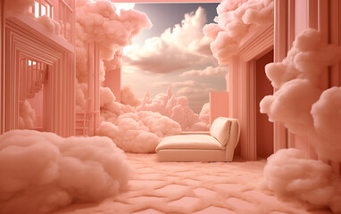 Room with orange, Peach Fuzz color of clouds with beige sofa and window sky.