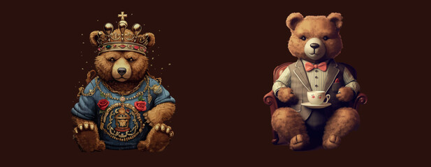 Royal and Formal Teddy Bears: Vector Illustration of Plush Toys in Regal and Formal Attire, Enjoying - obrazy, fototapety, plakaty