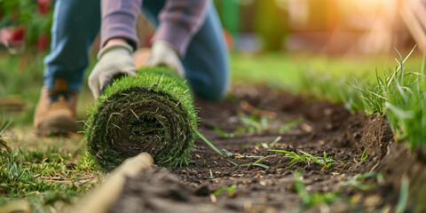 A landscaper works with rolled sod, hands visible, and a close-up of the grass roll