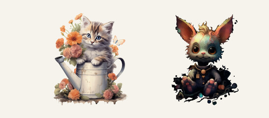 Fototapeta premium Adorable Kitten in Watering Can and Cute Fantasy Creature Amidst