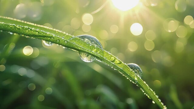 A single raindrop rests on a blade of gr acting as a tiny lens and distorting the backlit landscape behind it.