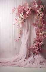 Flowers decoration with pink roses in front of white curtains. Wedding decoration.