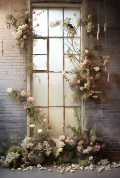 Wall with flowers decoration made of pink roses. Wedding decoration.