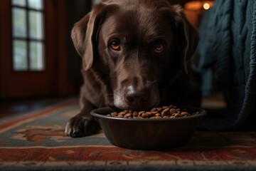 Labrador marron foncé mangeant des granulés » IA générative