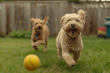 Deux chiens s'amusant avec une balle dans un jardin » IA générative