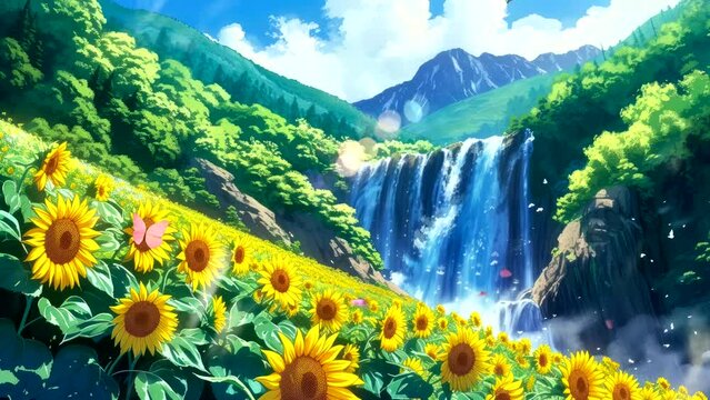 Tranquil Torrent: A Cozy Atmosphere with Sunflowers by the Waterfall on a Sunny Summer Day. Animated fantasy background, watercolor painting illustration style, seamless looping 4K video