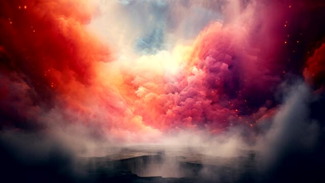 Chromatic Burst: Vibrant Reds and Pinks Exploding from a Smoke Bomb. Fantasy background, motion seamless looping 4K Footage Animation