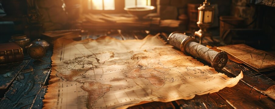 Charting stars cartographer eagle ancient map room afternoon quill historical parchment beige Age of Discovery sunlight solo AI map updater