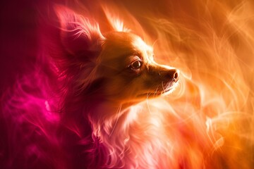 Petit chien vue de profil dans une fumée rose orangée » IA générative