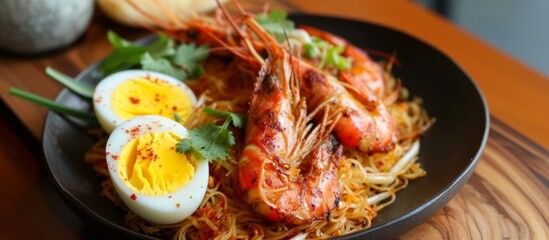 Delicious shrimp and egg noodles garnished with nutritious parsley in a white bowl