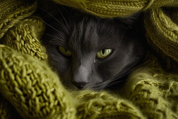 Portrait d'un chat noir dans une couverture de laine verte » IA générative
