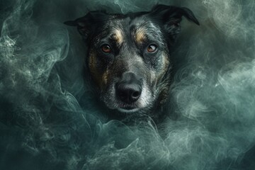 Portrait d'un chien dans de la fumée » IA générative - obrazy, fototapety, plakaty