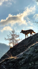 Wolf walks on rocky terrain in the forest