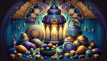 Arabian lantern and traditional Eid al-Fitr sweets on beautifully decorated table still-life