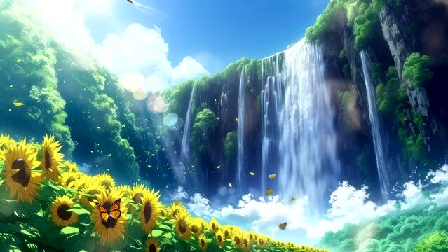 Sunny Serenity: Relaxing by the Waterfall with Sunflowers in the Summer's Embrace. Animated fantasy background, watercolor painting illustration style, seamless looping 4K video