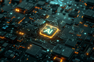 a computer circuit board, with glowing microprocessor in the middle and letters AI on it (2) - obrazy, fototapety, plakaty