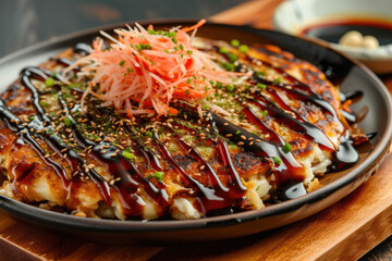 Vibrant Okonomiyaki Creation Scene., street food and haute cuisine