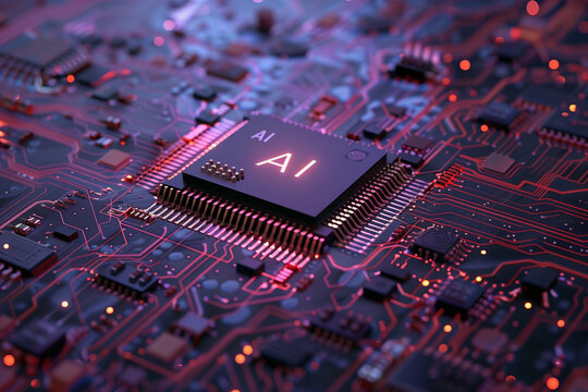 a computer circuit board, with glowing microprocessor in the middle and letters AI on it (5)