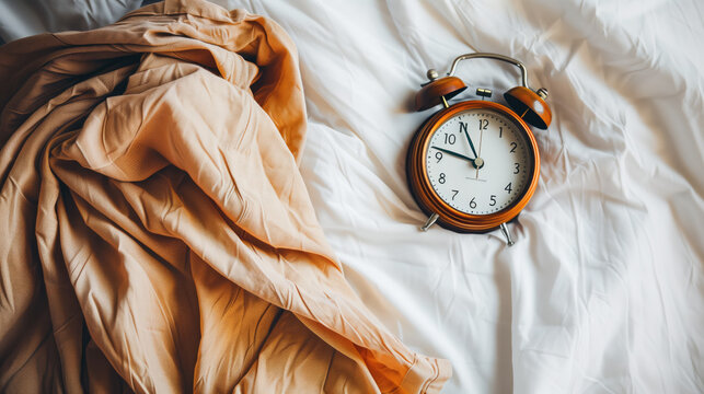 An analog alarm clock on a rumpled bed with a beige blanket, depicting a cozy morning atmosphere.