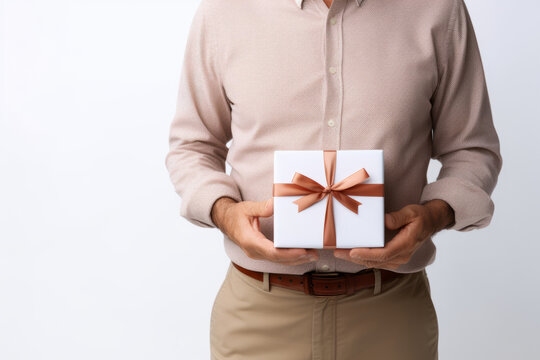 A man holding a gift box on a white background. Without a face