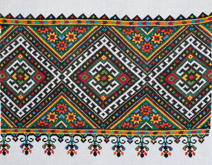 National ornament on Ukrainian embroidery. Ornamentation of ancient Ukrainian towels, tablecloths, embroidery and placement of patterns. Home-woven cloth. Handmade. Embroidery of the 19th and 20th cen