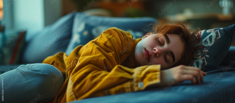 Wall mural Peaceful young girl taking a nap on cozy sofa in living room blissfully sleeping