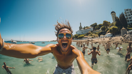 Excited man taking a selfie with outstretched arms in the sea, mirrored sunglasses reflecting the sunny beach scene.