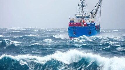 A cargo ship braves the fury of the sea, a testament to the unwavering commitment of seafarers.