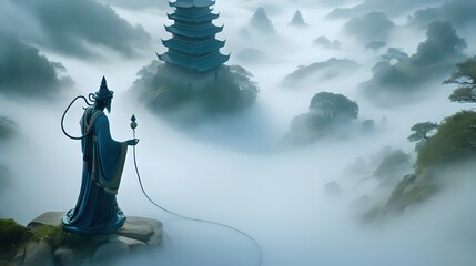 A charming, wise-looking being surrounded by swirling mists, its presence exuding an aura of tranquility and wisdom.