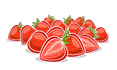 Vector Strawberry Pile, decorative banner with outline illustration of strawberry berry still life composition with green leaves, cartoon design fruity print with many strawberries on white background