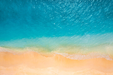 Peaceful aerial wide beach landscape, summer vacation Mediterranean holiday. Waves crash stunning...