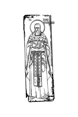 Orthodox vintage image of  Saint John of Kronstadt (name english). Christian illustration black and white in Byzantine style 