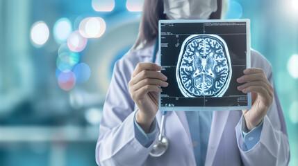 Female doctor holding multiple MRI brain scan diagram in hospital