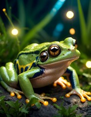 A green and yellow True frog is perched on a rock amidst the grass, showcasing the vibrant colors of terrestrial plants and animals in its natural habitat