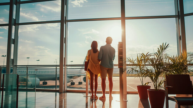 Couple standing on airport area and waiting for the flight