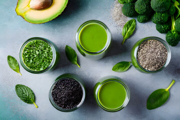 Green smoothie and its ingredients. Concept of diet, body cleansing, healthy eating