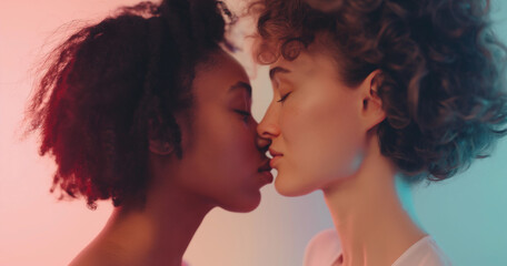 Lifestyle portrait of young lesbian couple in love, intimate moment kissing with desire - obrazy, fototapety, plakaty