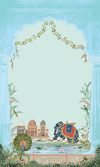 Mughal garden lake with elephant, peacock, palace, lotus, tree and bird illustration for wedding invitation