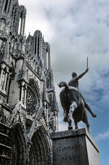 Cathedral of Reims France. Church in the eighties. Statue Jeanne d'arc