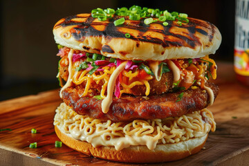 Delicious Ramen Burger Creation, street food and haute cuisine