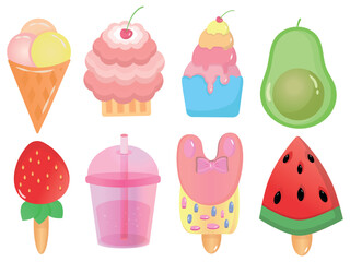 Set of cute summer illustrations, food stickers for summer party: fruit, strawberry, cocktail, ice cream, cake, avocado, watermelon, vector illustration, eps 10