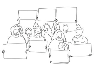 hand drawn line art vector of people holding placards. People power and protest concept. Freedom of Opinions. Raise Your voices and Address your concerns. Human Rights. Causes to fight for