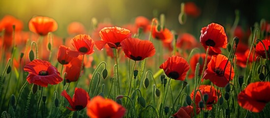 A meadow filled with beautiful red corn poppies, a flowering plant in the grass family, creating a stunning natural landscape