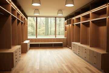 Sleek and contemporary dressing room interior with empty functional shelves for organization