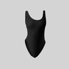 Black swimsuit mockup 3D rendering, front view, swimwear with round neckline, isolated on background, front view.
